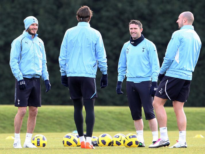 Robbie Keane með David Beckham á æfingu hjá Tottenham.