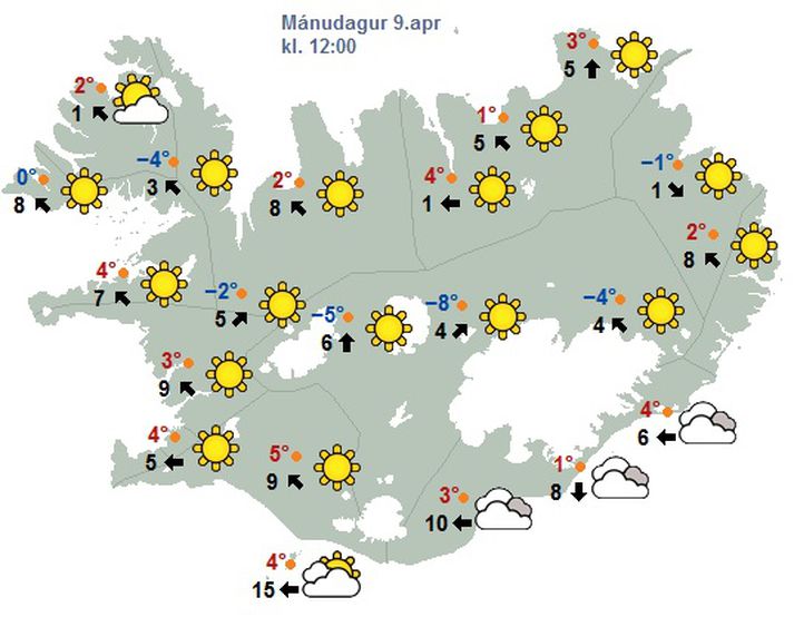 Spákort fyrir hádegið í dag. Það verður kannski ekki hlýtt alls staðar en víðast hvar bjart af kortinu að dæma.