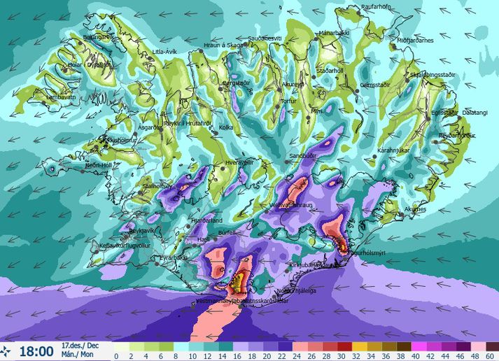 Það verður ansi hvasst sunnanlands síðdegis í dag og kvöld eins og þessi vindaspá ber með sér.