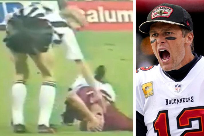 Óskar Hrafn Þorvaldsson hugar að sárþjáðfum Enzo Scifo árið 1992 en til hægri er Tom Brady.