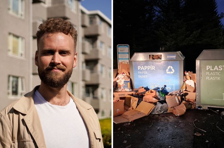 Gunnar Dofri segir aðkomuna stundum mjög erfiðar. Myndin til hægri er frá grenndarstöð við Ferjubakka sem var lokað 2022 vegna slæmrar umgengni. 