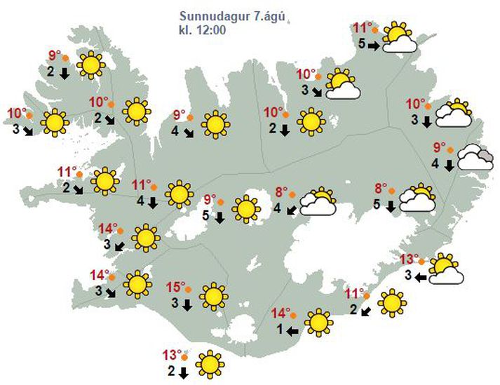 Svona lítur spákort Veðurstofu Íslands fyrir hádegi á sunnudag.