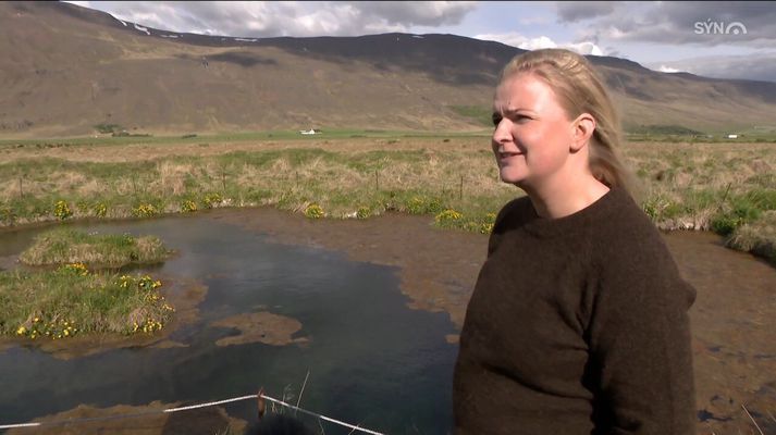 Harpa Birgisdóttir, bóndi á Kornsá í Vatnsdal. Fyrir aftan er Kattaraugað, tjörnin fræga með fljótandi eyjunum.