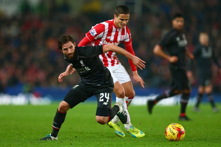 Joe Allen lagði upp sigurmark Liverpool gegn Stoke í vikunni.