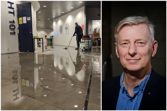 Kristinn Jóhannesson, sviðsstjóri framkvæmda- og tæknisviðs HÍ (t.h.), segir að mest tjón hafi orðið á Gimli og Háskólatorgi. Mynd innan úr síðarnefndu byggingunni sést til vinstri.