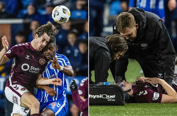 Höfuð Tómasar skall saman við höfuð leikmanns Kilmarnock. Íslendingurinn þurfti að yfirgefa völlinn í kjölfarið