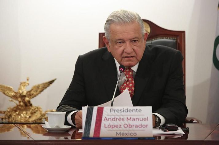 Andres Manuel Lopez Obrador forseti Mexíkó á rafrænum fundi G20 ríkjanna í dag.