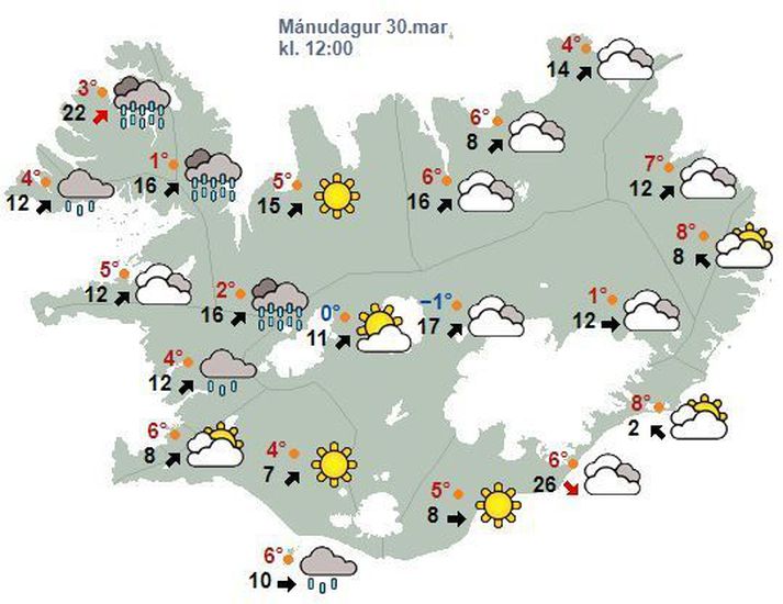 Spákortið fyrir hádegið eins og það leit út um klukkan sjö í morgun.