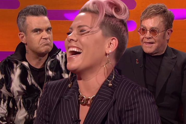 Robbie Williams og Pink sögðu skemmtilega sögu og sjálfur Elton John hlustaði á.