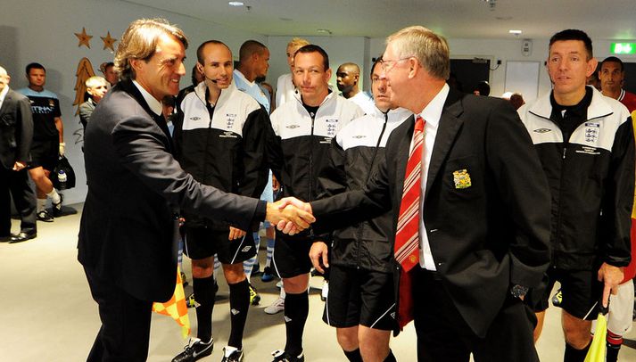 Roberto Mancini og Sir Alex Ferguson.