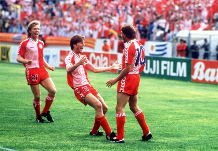 Preben Elkjær Larsen og Michael Laudrup fagna hér marki á HM í Mexíkó 1986.