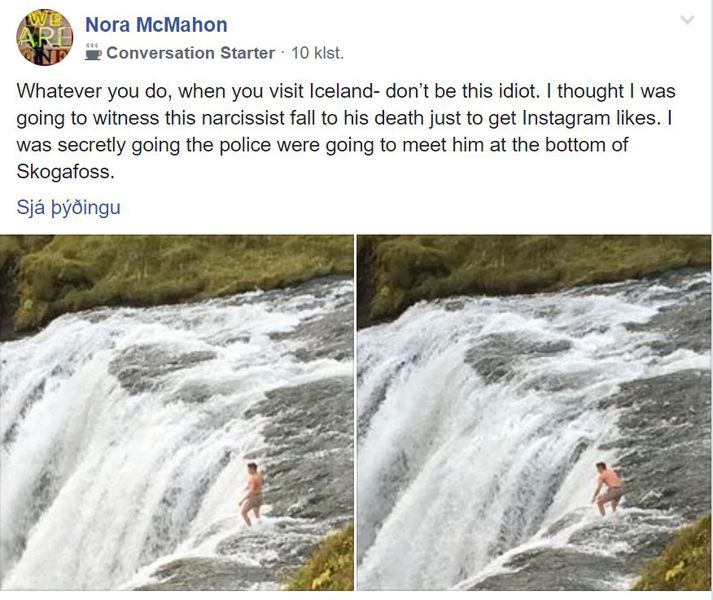 Færsla Noru McMahon hefur vakið mikla athygli og umtal í Facebook-hópnum Iceland Q&A. Myndirnar af manninum sjást í skjáskoti af færslunni.