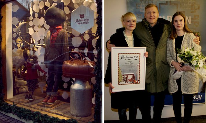 Verðlaunaglugginn og Jón Gnarr ásamt Sonju Margréti verslunarstjóra Geysisverslunarinnar og Þórunni Árnadóttur hönnuði verðlaunaglugggans.