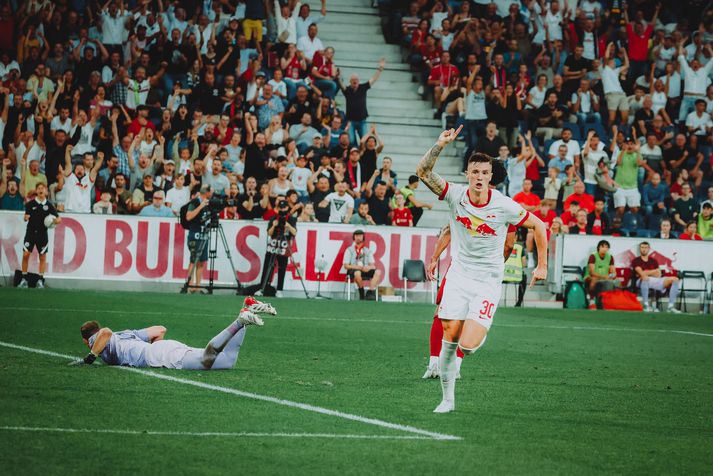 Benjamin Sesko skoraði mark Red Bull Salzburg gegn Liverpool. 