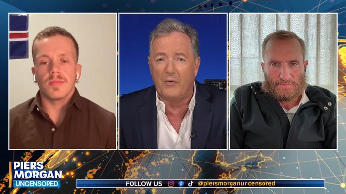 Skjáskot úr þætti Piers Morgan. Samúel Guðmundsson er vinstra megin við hann og hægra megin má sjá Shmuley Boteach.