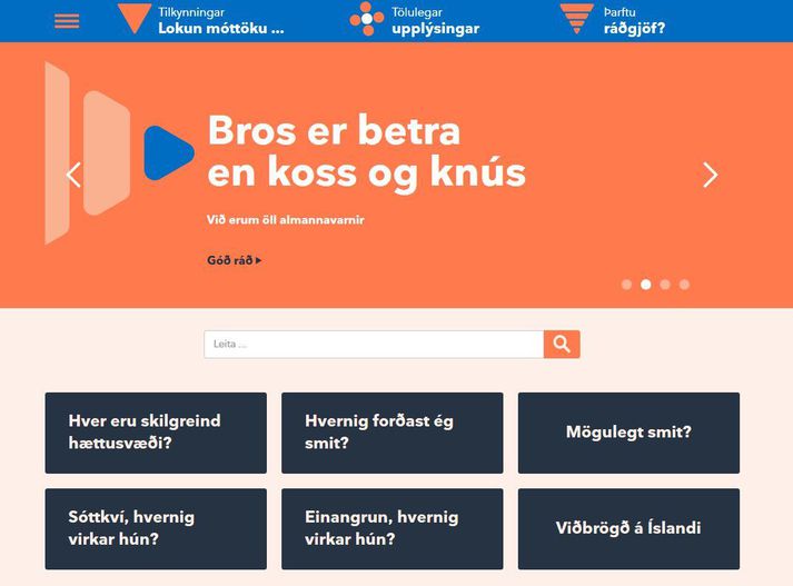 Forsíða nýrrar upplýsingasíðu um kórónuveiruna.
