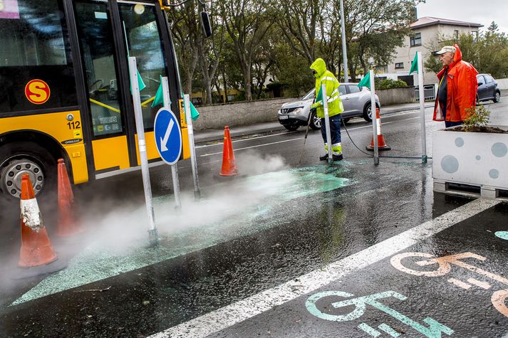 Stafsmenn áttu eingöngu að hreinsa ker utan um gróður en spúluðu málningu í leiðinni