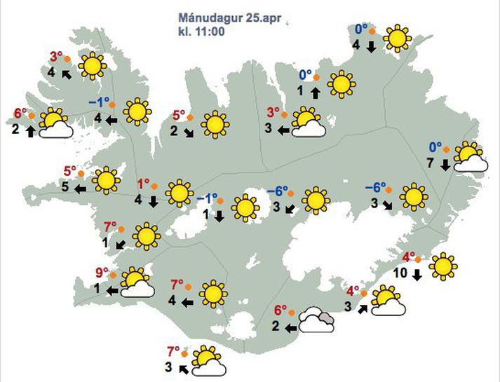 Svona er reiknað með því að veðrið verði um klukkan 11 í dag.