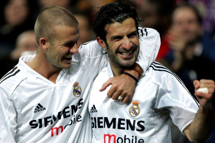 David Beckham og Luis Figo fagna hér marki með Real Madrid.