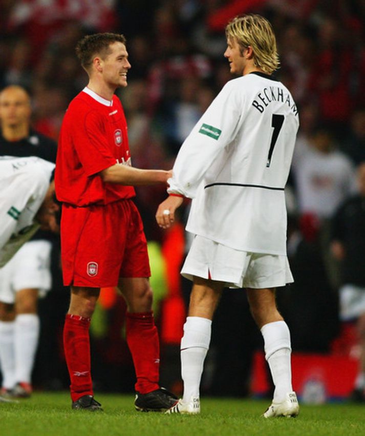 David Beckham og Michael Owen eftir einn leik hjá Man. United og Liverpool á árum áður.