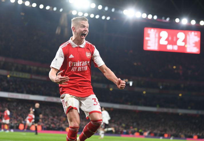 Oleksandr Zinchenko fagnar sigurmarki Eddie Nketiah í sigri Arsenal á Manchester United um síðustu helgi.