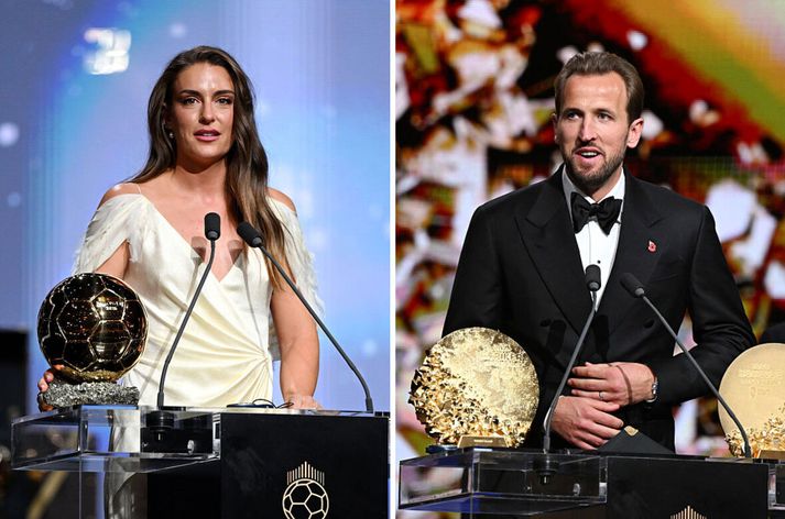 Alexia Putellas og Harry Kane fluttu þakkarræður eftir verðlaunin sem þau hlutu á Ballon d'Or í kvöld.