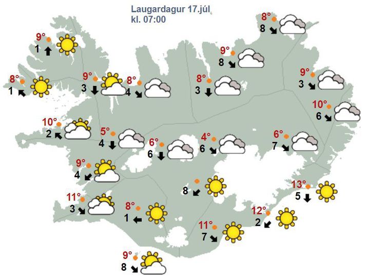 Sólin lætur sjá sig á Suður- og Vesturhlið landsins í dag.