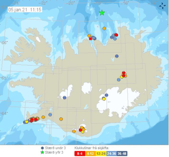 Jarðskjálftakort Veðurstofunnar. Græna stjarnan táknar skjálftann norður af Grímsey í gær sem var 3,3 að stærð. Skjálftinn í morgun við Gjögurtá var talsvert nær landi.