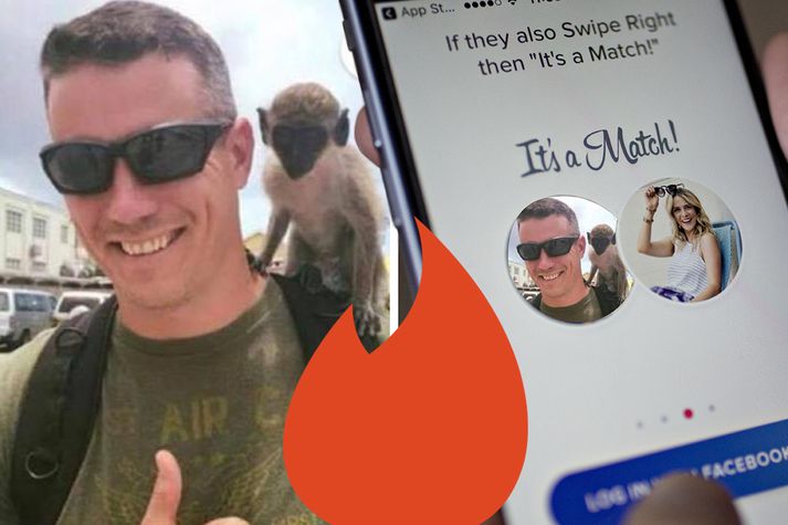 Fjallmyndalegur á framandi slóðum með apa á öxl fer þessi stórsjarmör um Tinder og reynir hafa fé af hrekklausum konum.