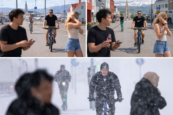Neðst er mynd sem Vilhelm Gunnarsson ljósmyndari Vísis tók í Reykjavík. Gervigreindin var beðin um að breyta myndinni í sumarlega mynd þar sem kennileyti í Reykjavík væri sýnilegt fyrir hugræn áhrif og manneskjan á rafhjólinu væri á reiðhjóli. Gervigreindin var síðan beðin um að breyta þeirri mynd í sumar á Akureyri, þar sem strákurinn fremst væri að drekka gos, unga konan að borða ís, hjólreiðakappinn væri í merktum Nike bol og aftast væri manneskja á rafhjóli. Gervigreindin má ekki nota rétt vörumerki og aflagar þau því aðeins.