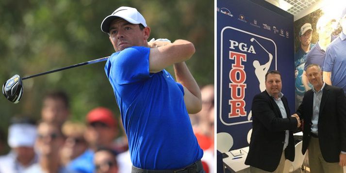 Rory McIlroy verður áfram fastagestur á Golfstöðinni. Hægra megin er Ágúst Héðinsson, forstöðumaður íþróttasviðs hjá 365, og Thierry Pascal hjá PGA-mótaröðinni.