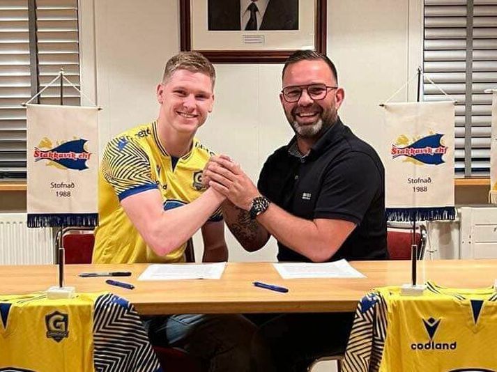 Adam Árni Róbertsson kom til Grindavíkur í vetur og skoraði sigurmarkið gegn Njarðvík í kvöld.