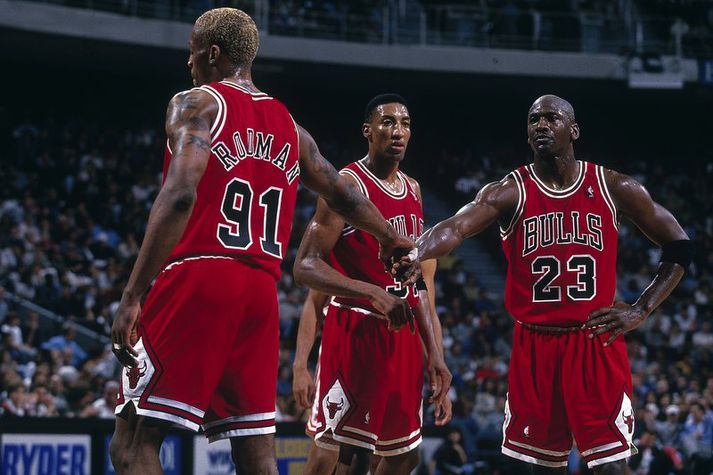 Dennis Rodman, Michael Jordan og Scottie Pippen.