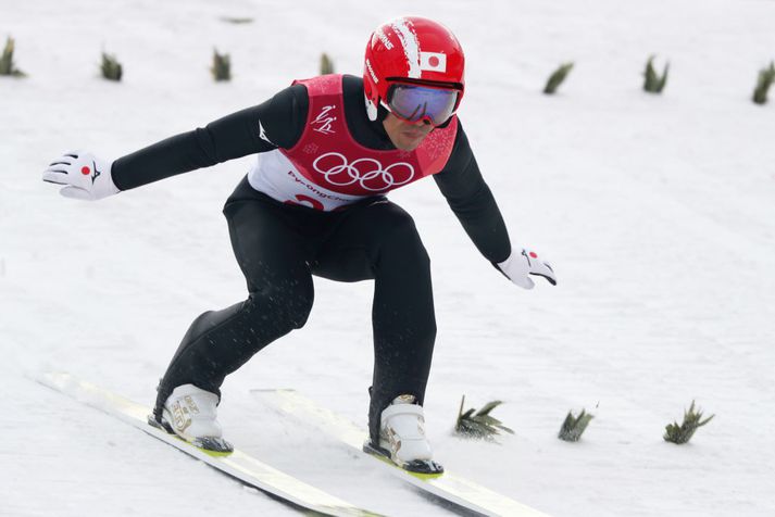 Hérna má sjá stökkvara í PeyongChang lenda í kringum plönturnar.