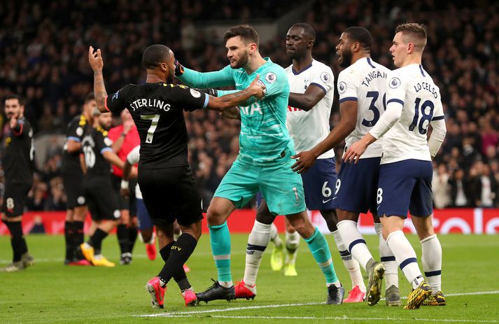 Raheem Sterling var ekki alltof vinsæll hjá Hugo Lloris og félögum í Tottenham í leiknum í gær.