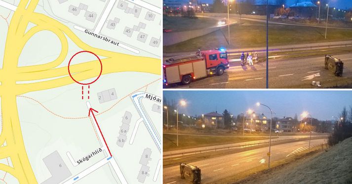 Bíllinn hafnaði á hlið á Miklubraut eftir að hafa þeyst yfir grasið við Skógarhlíð. Hjalti Hannesson tók allar myndir fréttarinnar.