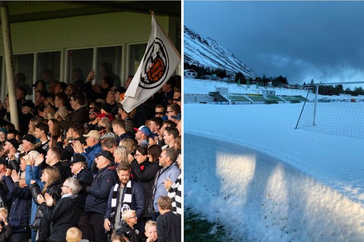 Það er mikið í húfi fyrir KR-inga þó að þeir spili ekki bikarleikinn á laugardag. Hann fer hins vegar fram á þeirra heimavelli því eins og sjá má er þétt lag af snjó yfir Olísvellinum á Ísafirði.