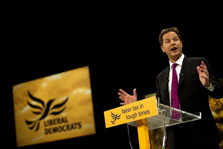 Nick Clegg Í ræðustól á landsfundi Frjálsra demókrata.nordicphotos/AFP