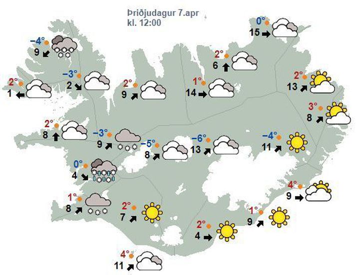 Spákortið fyrir hádegið eins og það leit út í morgun.