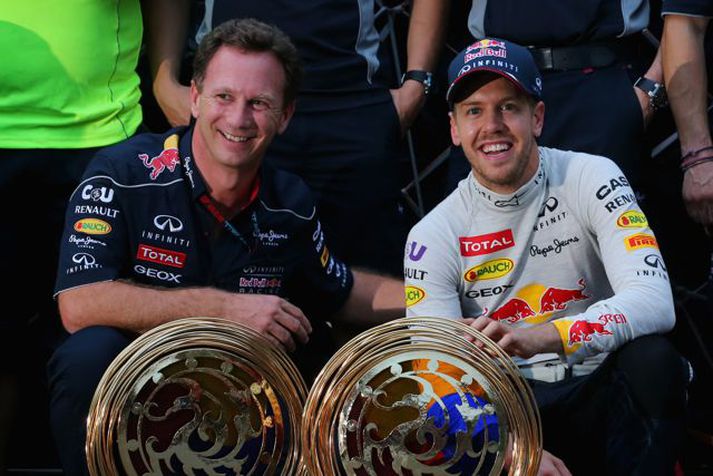 Vettel og Horner fögnuðu vel í morgun.