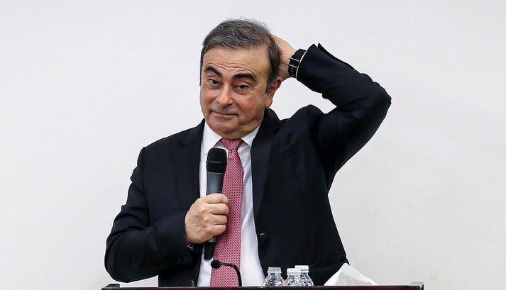 Carlos Ghosn á blaðamannafundi í Beirút þangað sem hann flúði í janúar.