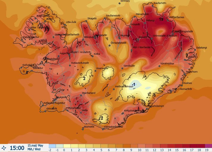 Hitakort veðurstofunnar fyrir næstkomandi lítur ansi vel út eftir kuldann síðustu daga.