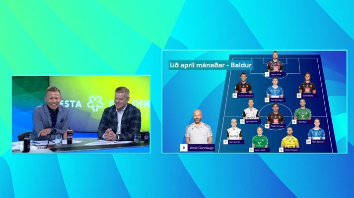 Atli Viðar Björnsson og Baldur Sigurðsson léttir í bragði í Stúkunni í gærkvöld, þar sem farið var yfir úrvalslið þeirra í apríl.