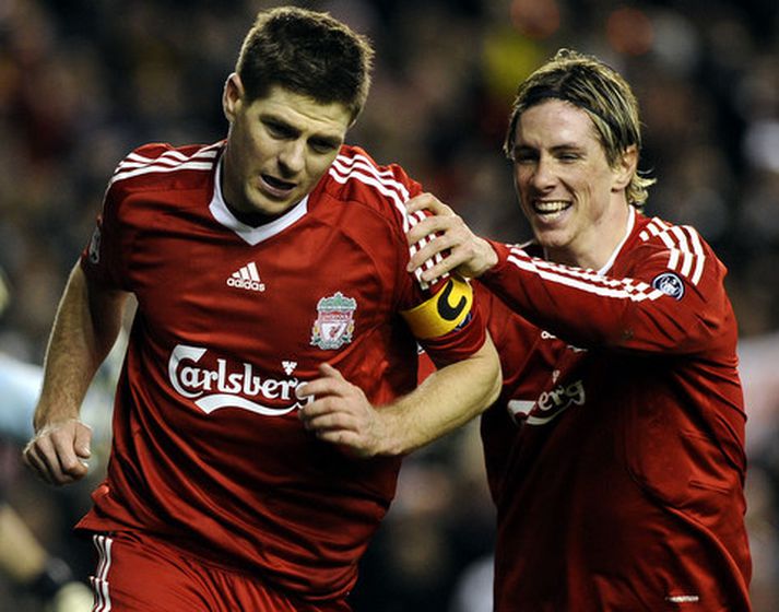 Steven Gerrard fagnar marki með Fernando Torres.