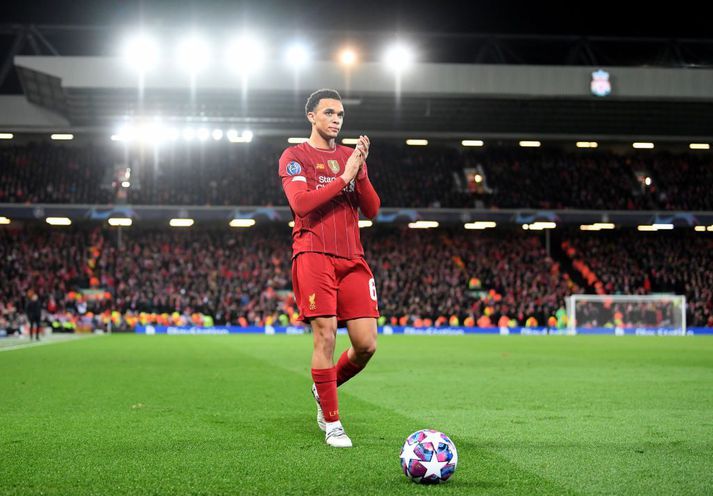 Trent Alexander-Arnold, leikmaður Liverpool, á Anfield í kvöld.