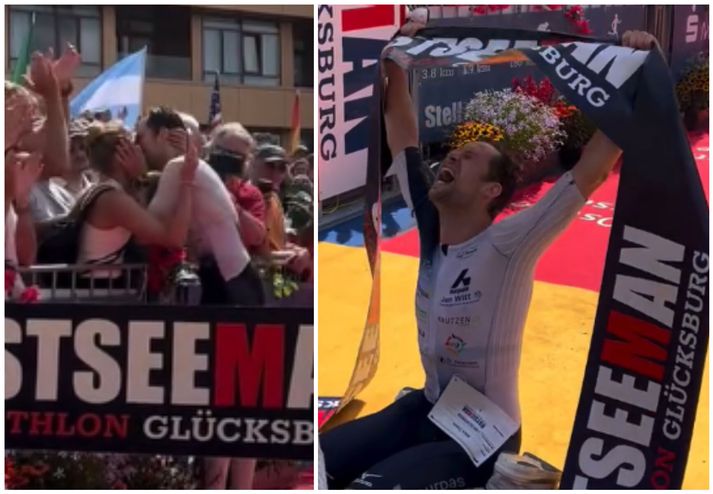 Lukas Schnödewind stoppaði til að kyssa konuna og fagnaði svo gríðarlega í markinu eftir átta klukkutíma baráttu.
