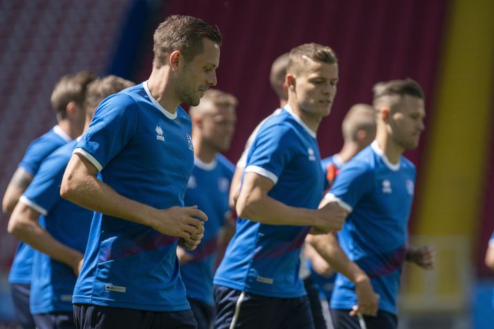 Gylfi Þór Sigurðsson og Alfreð Finnbogason á æfingu