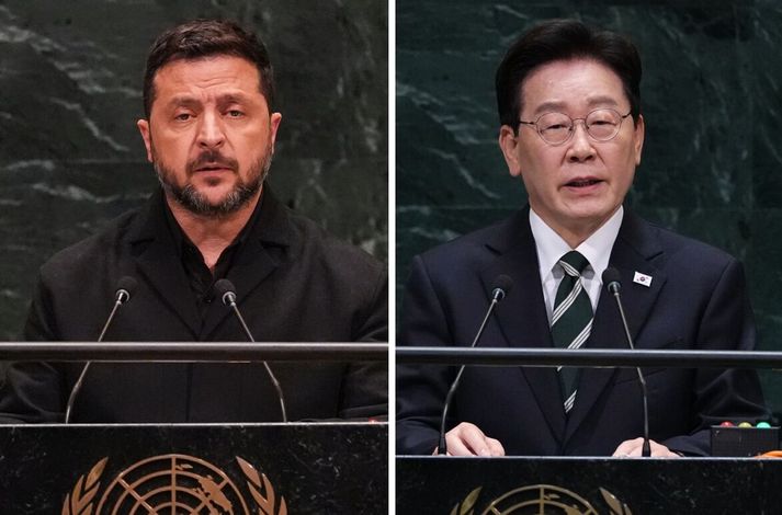 Vólódímír Selenskí og Lee Jae Myung, forsetar Úkraínu og Suður-Kóreu.