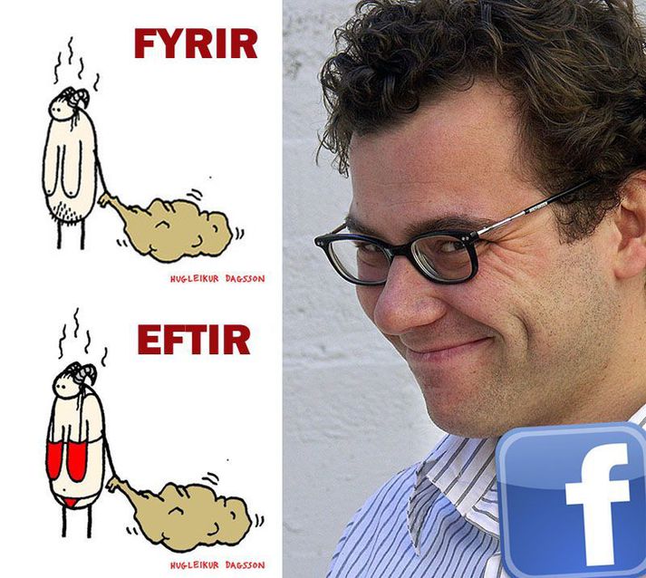 Hugleikur Dagsson og Grýlumyndirnar fyrir og eftir ritskoðun Facebook.