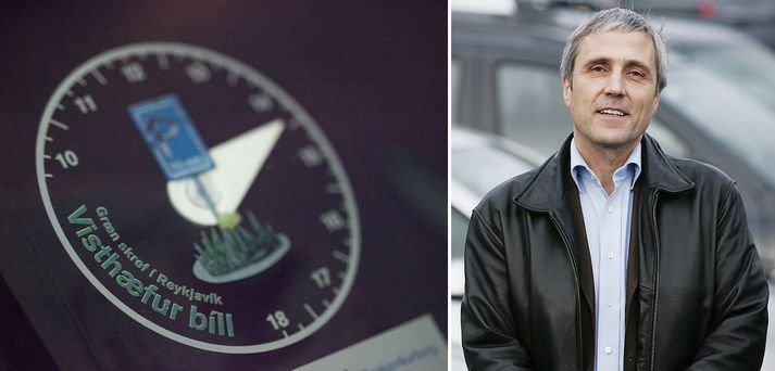 Bílastæðaklukka í visthæfum bíl og Runólfur Ólafsson, framkvæmdastjóri FÍB.